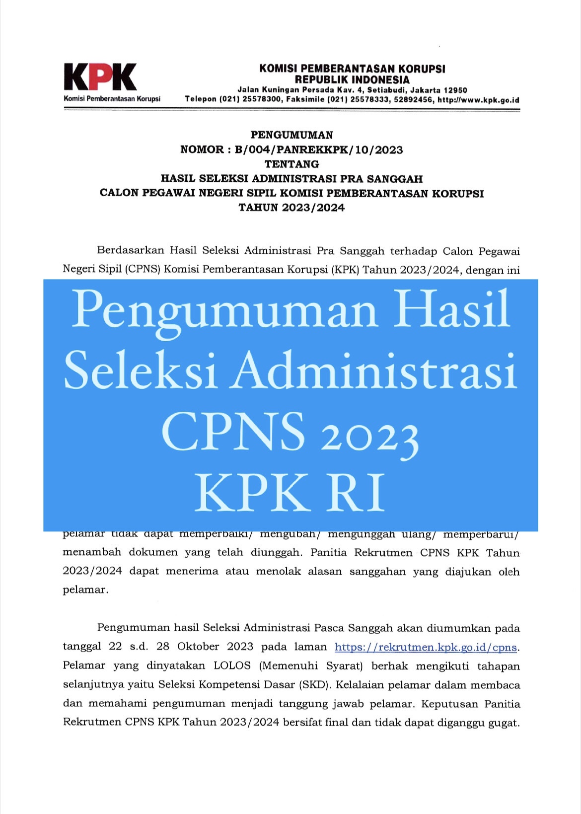 Pengumuman Kelulusan Seleksi Administrasi CPNS 2023 KPK RI